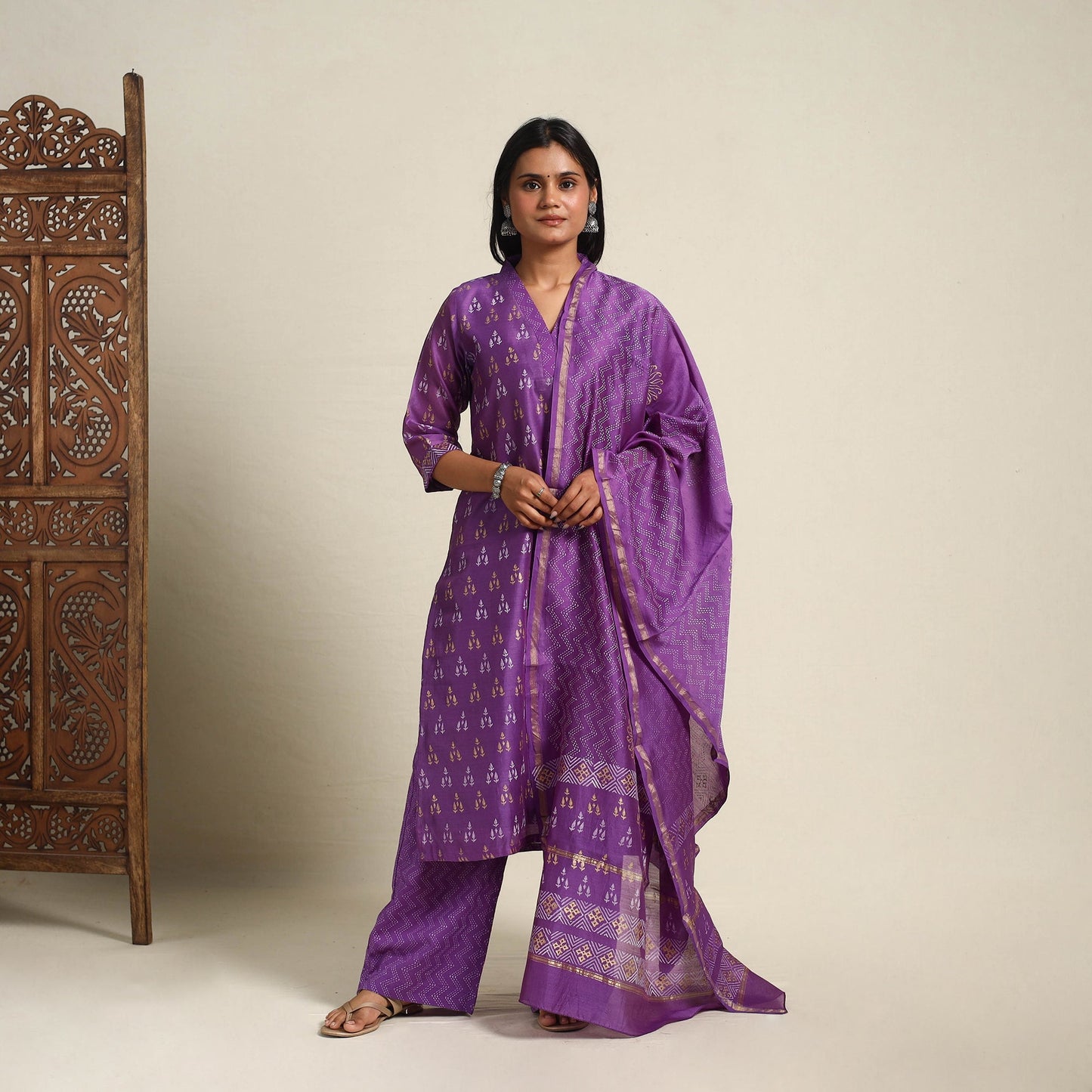  Purple Chanderi Silk Bagru Print Kurta Set