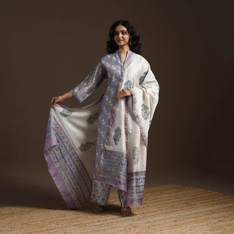 Purple - chanderi silk sanganeri suit set with dupatta