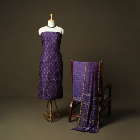 Chanderi silk hand block bagru print 3pc unstitched dress