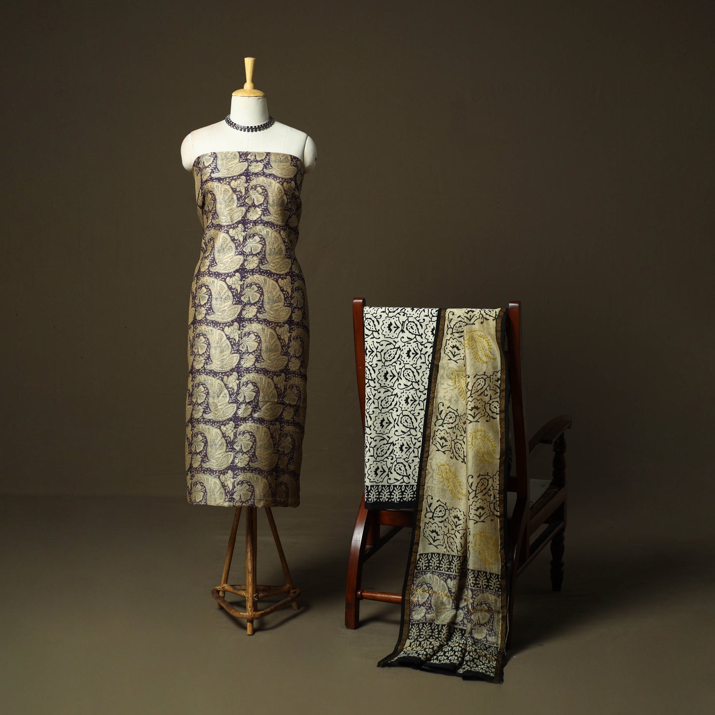 Chanderi silk hand block bagru print 3pc unstitched dress