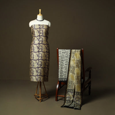 Chanderi silk hand block bagru print 3pc unstitched dress