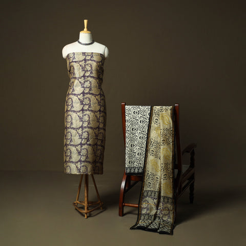 Chanderi silk hand block bagru print 3pc unstitched dress