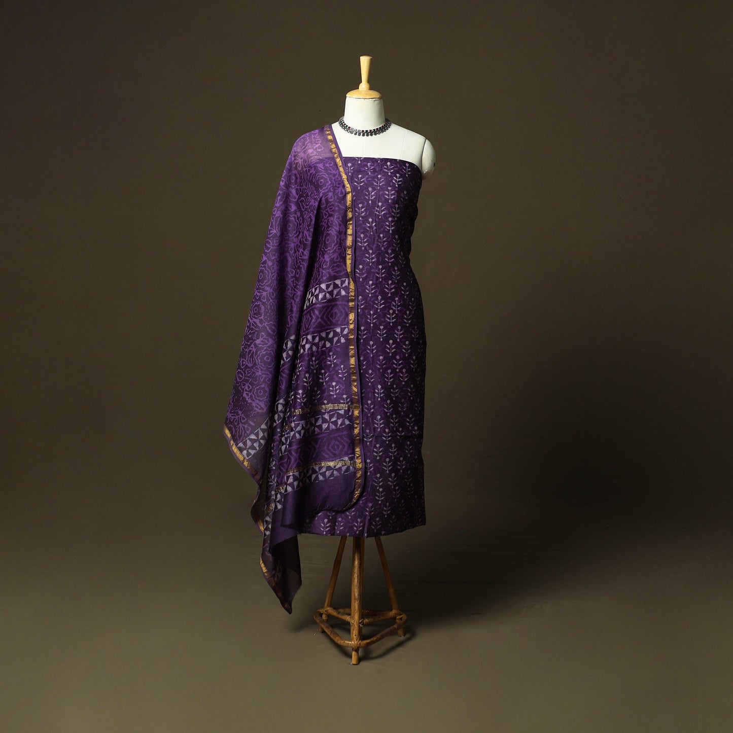 Chanderi silk hand block bagru print 3pc unstitched dress