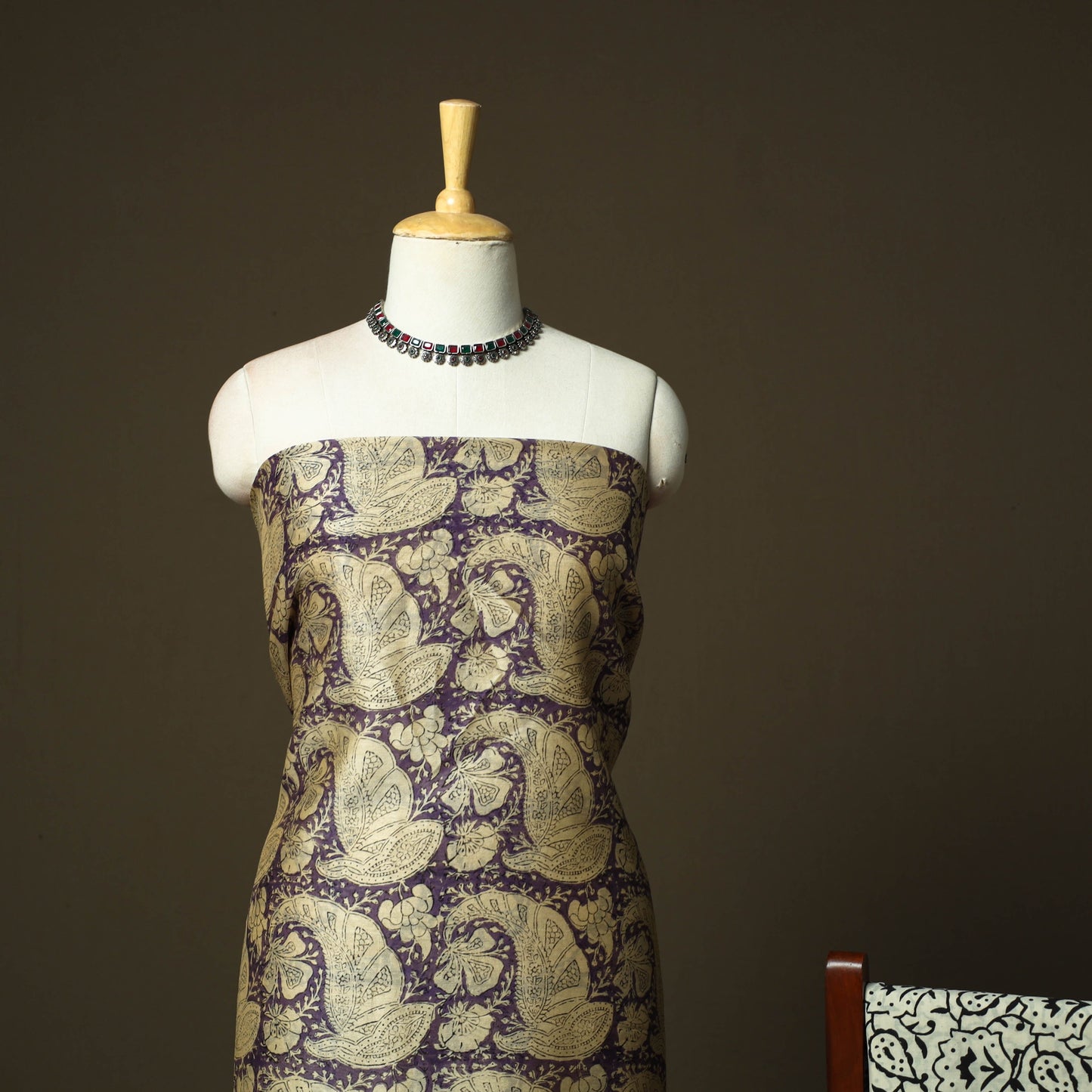 Chanderi silk hand block bagru print 3pc unstitched dress