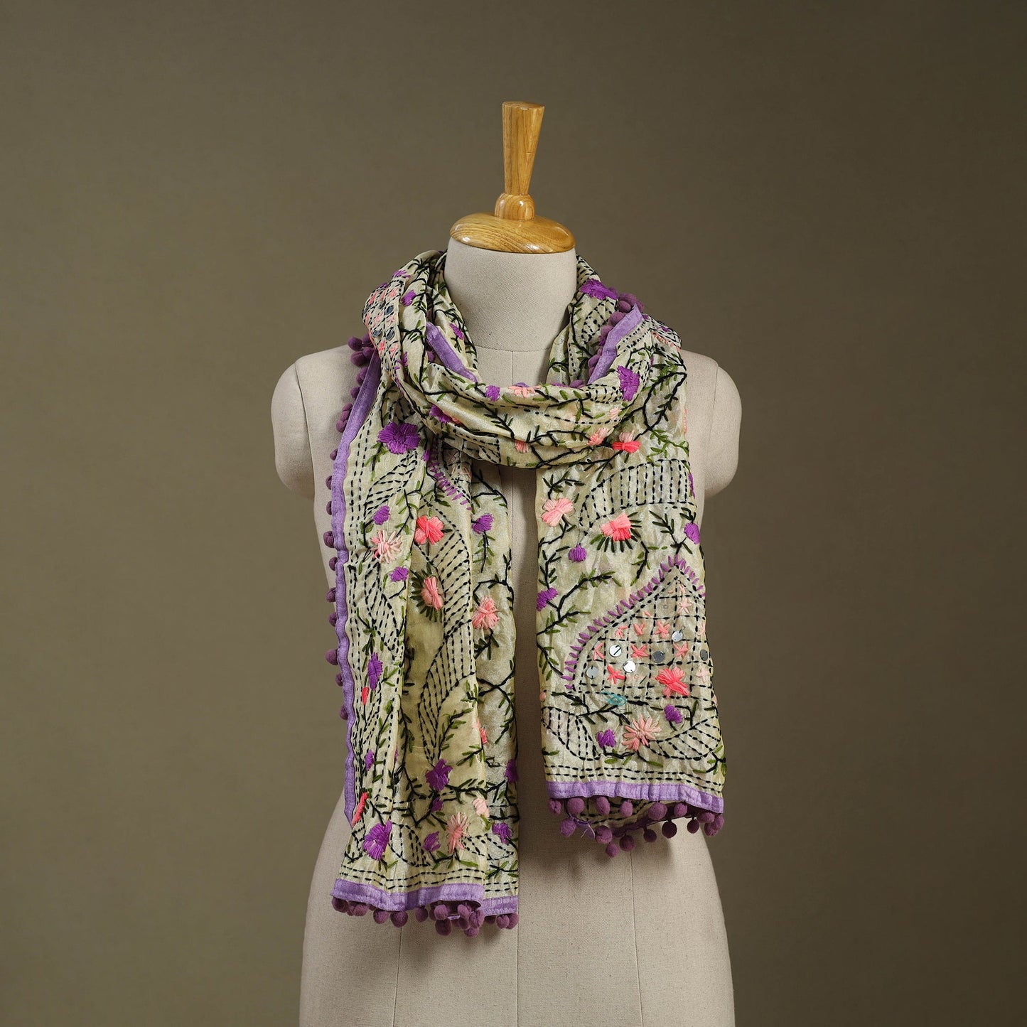 Buy Chanderi Silk Phulkari Hand Embroidered Stole