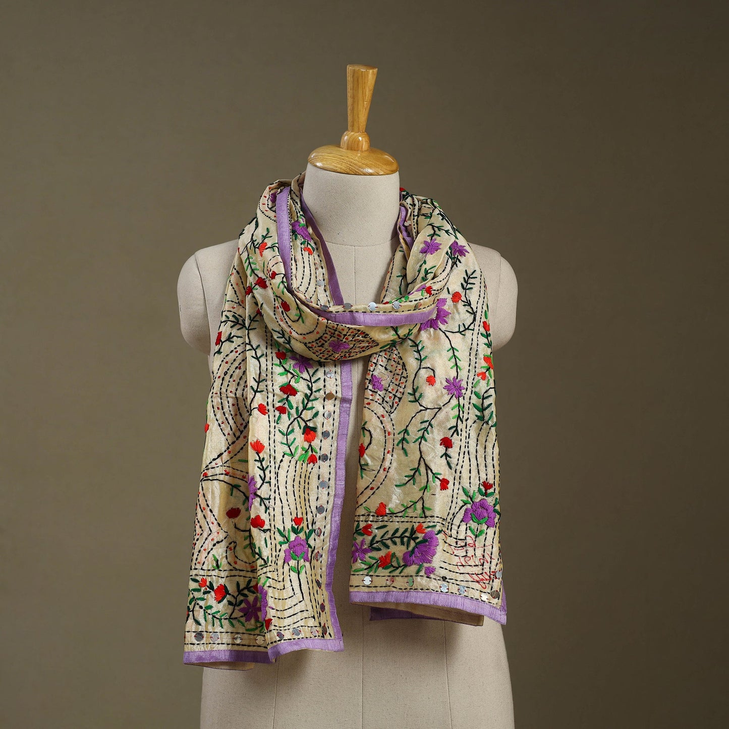 Purple Chanderi Silk Hand Embroidered Stole