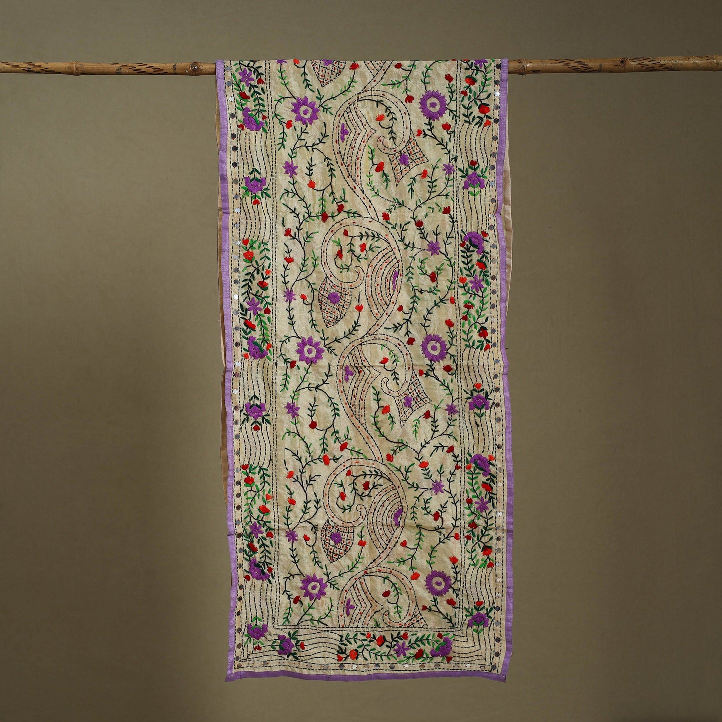Purple Chanderi Silk Hand Embroidered Stole