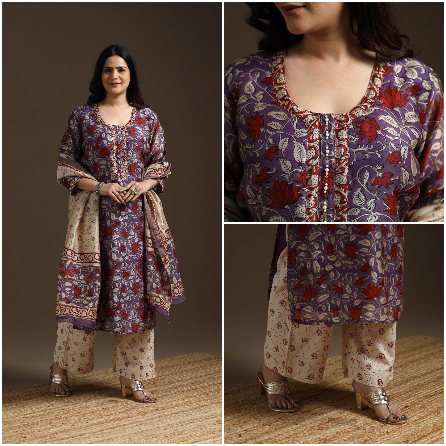 Purple - chanderi silk hand embroidery sanganeri suit set