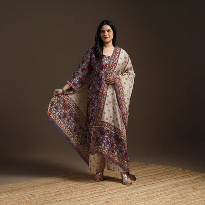 Purple - chanderi silk hand embroidery sanganeri suit set