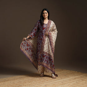 Purple - chanderi silk hand embroidery sanganeri suit set