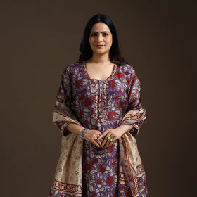 Purple - chanderi silk hand embroidery sanganeri suit set
