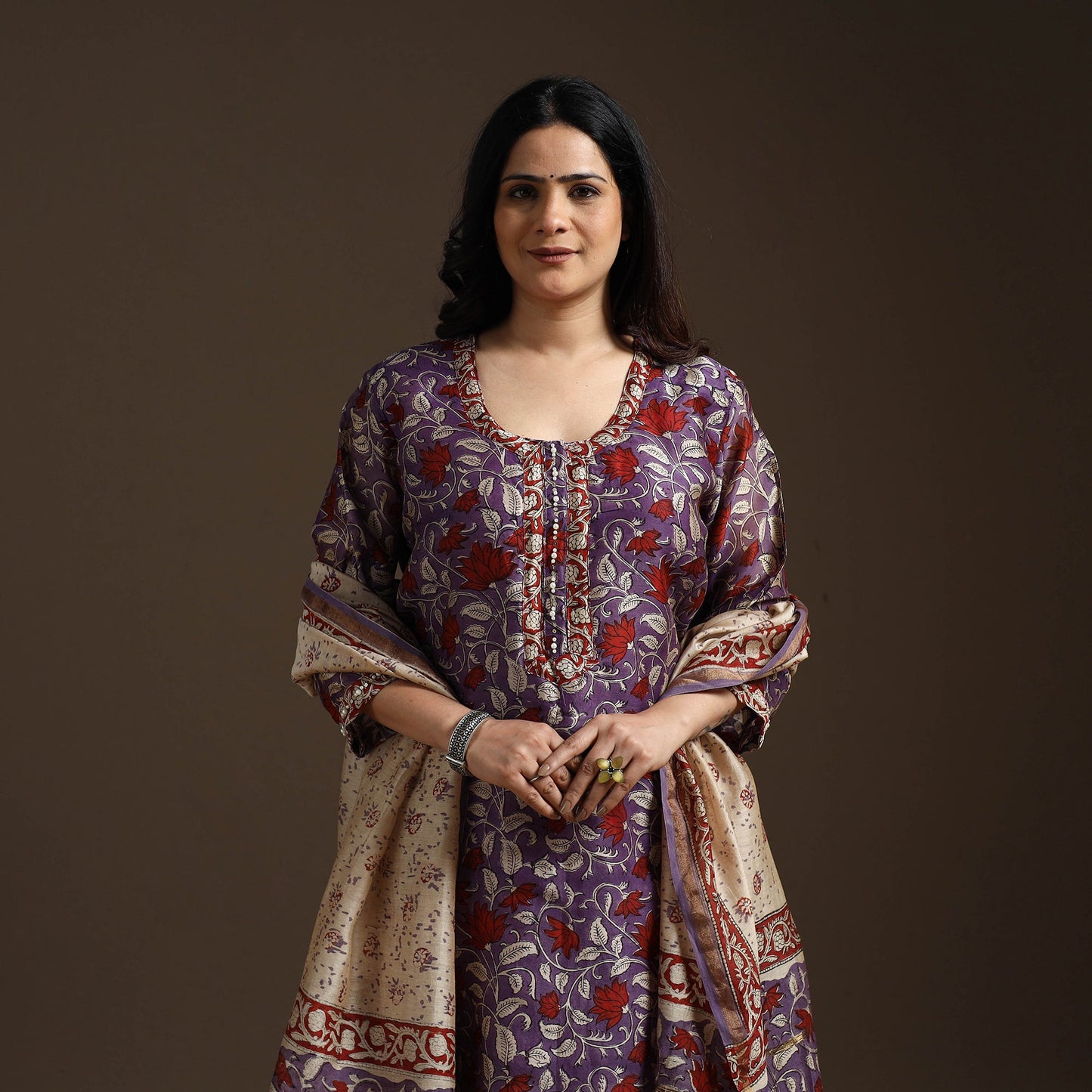Purple - chanderi silk hand embroidery sanganeri suit set