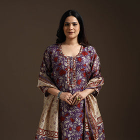 Purple - chanderi silk hand embroidery sanganeri suit set