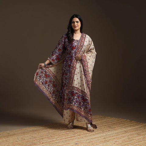 Purple - chanderi silk hand embroidery sanganeri suit set
