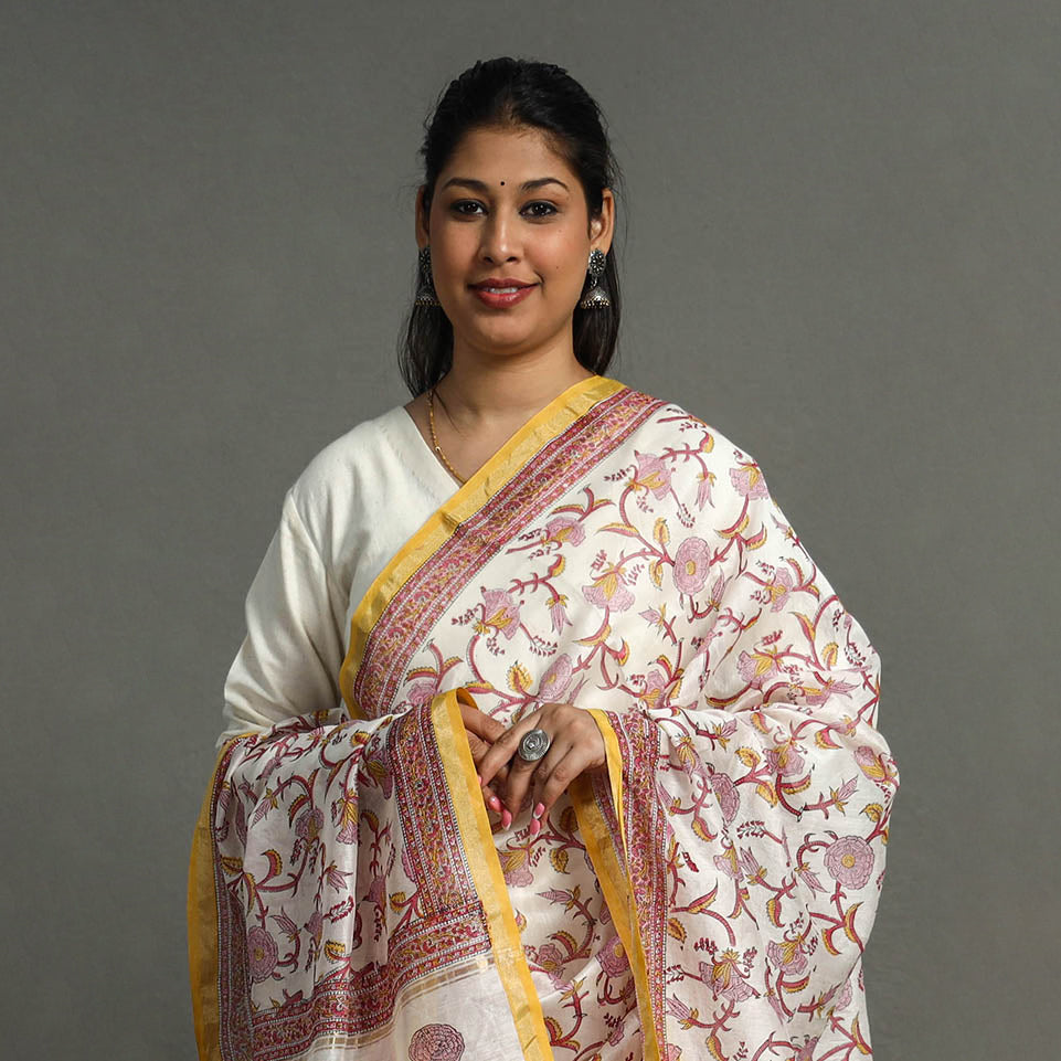 Purple - Block Print Chanderi Silk Sanganeri Dupatta 88