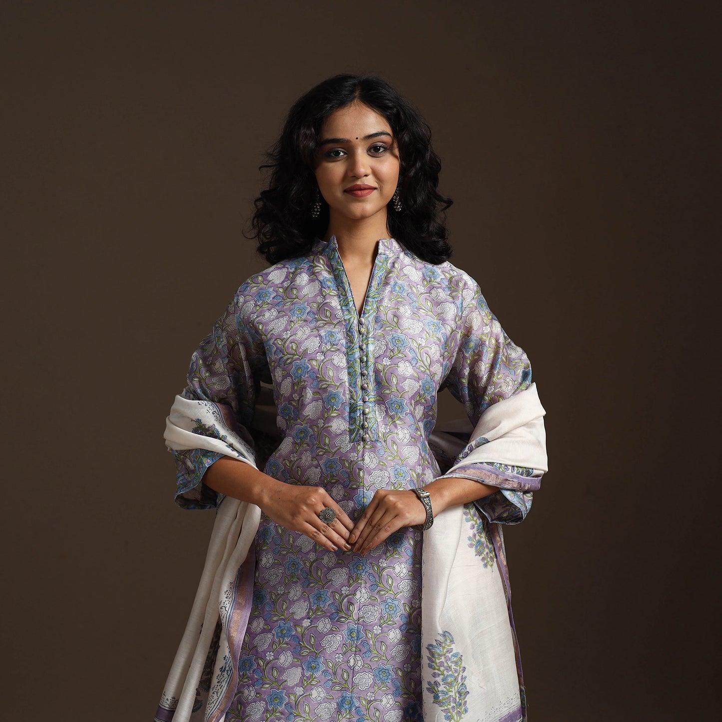 Purple - chanderi silk sanganeri suit set with dupatta