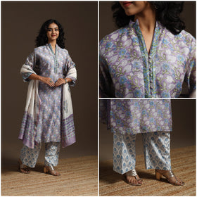 Purple - chanderi silk sanganeri suit set with dupatta