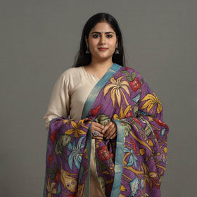 Purple Chanderi Silk Srikalahasti Handpainted Pen Kalamkari Dupatta
