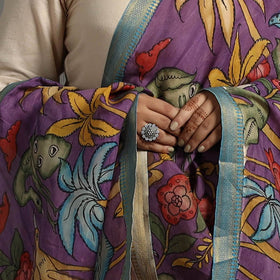 Purple Chanderi Silk Srikalahasti Handpainted Pen Kalamkari Dupatta