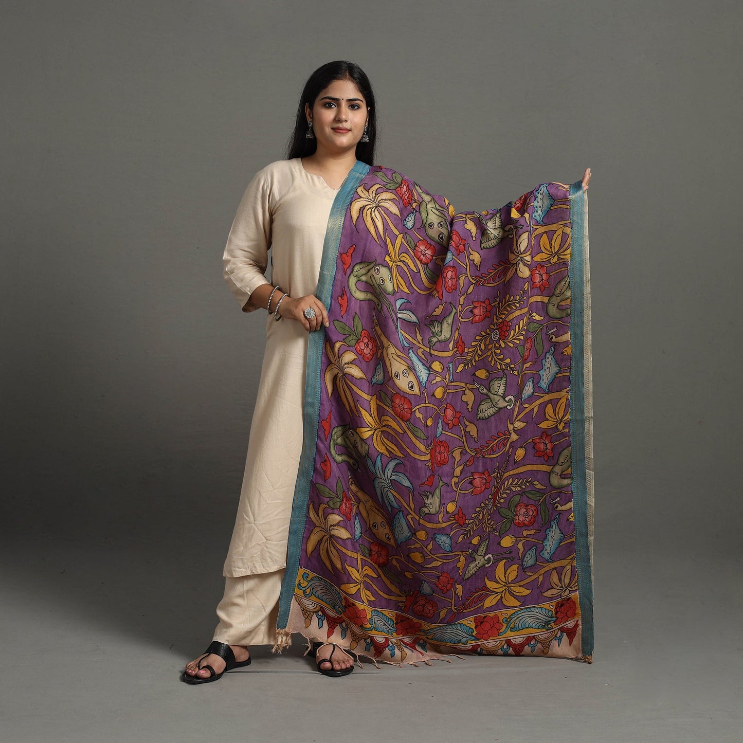 Purple Chanderi Silk Srikalahasti Handpainted Pen Kalamkari Dupatta