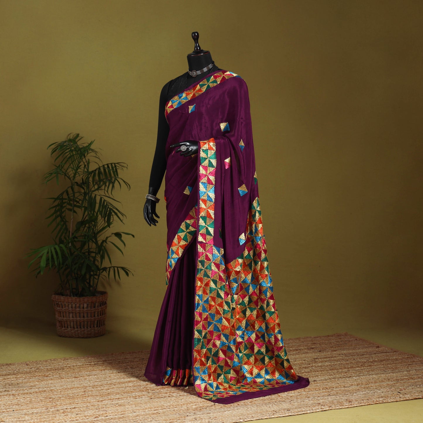 Purple - chinon silk hand embroidery phulkari saree 17