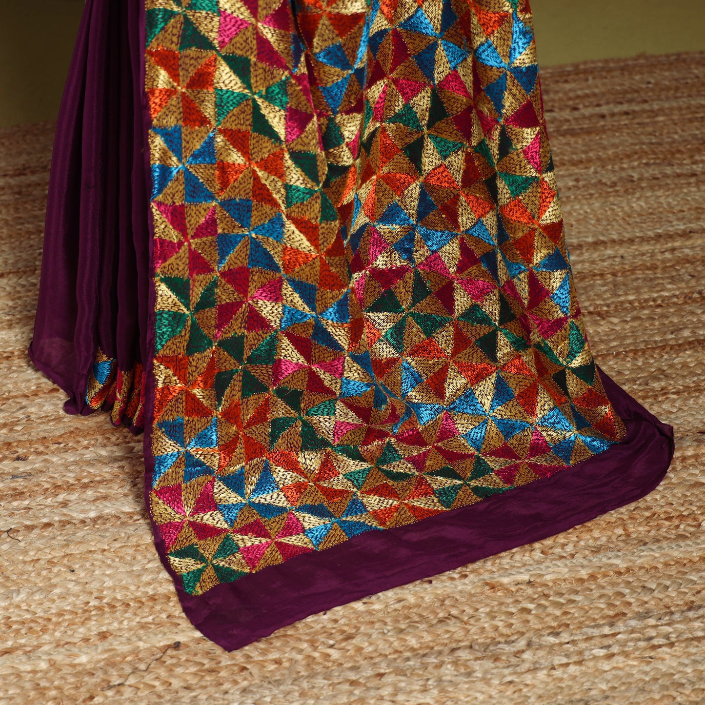 Purple - chinon silk hand embroidery phulkari saree 17