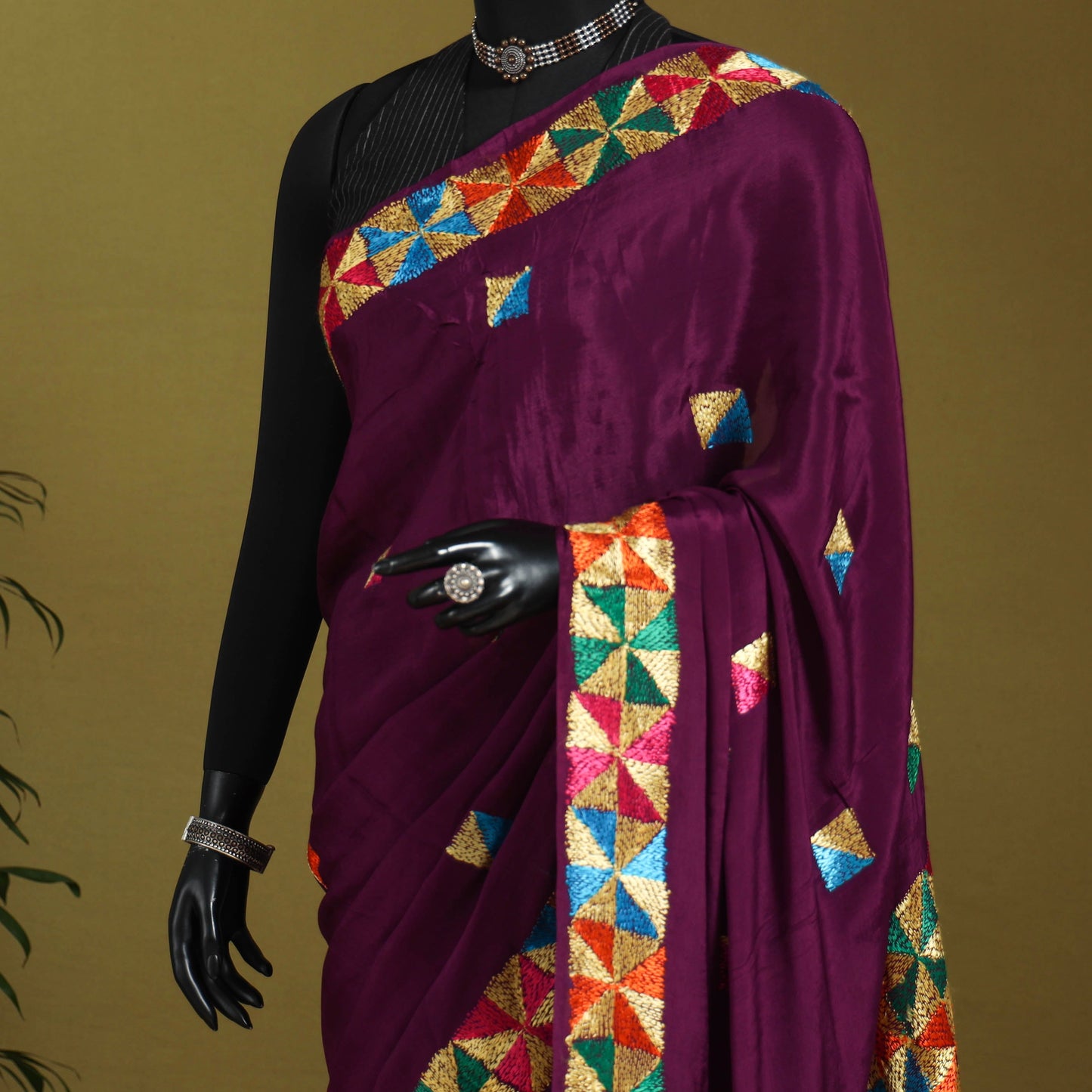 Purple - chinon silk hand embroidery phulkari saree 17