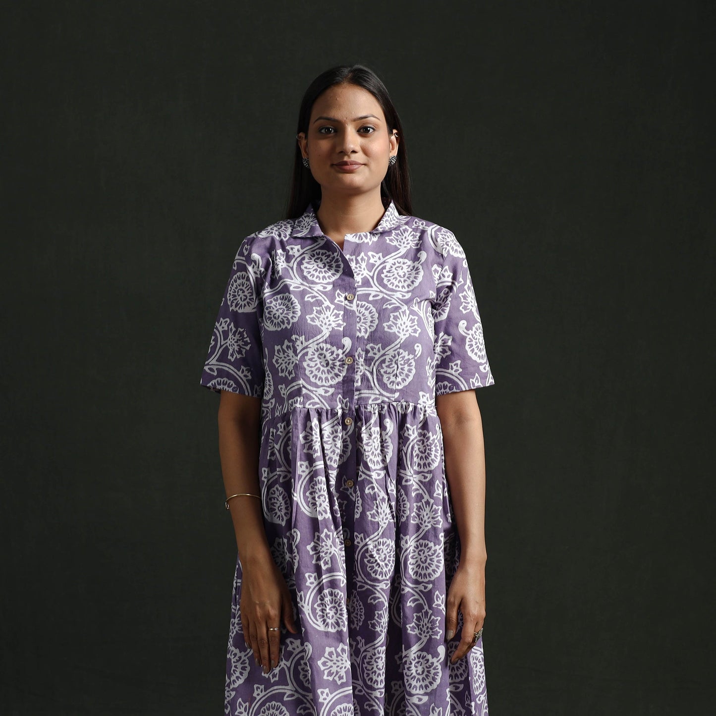 Collared neck buttoned down flared cotton hand block batik