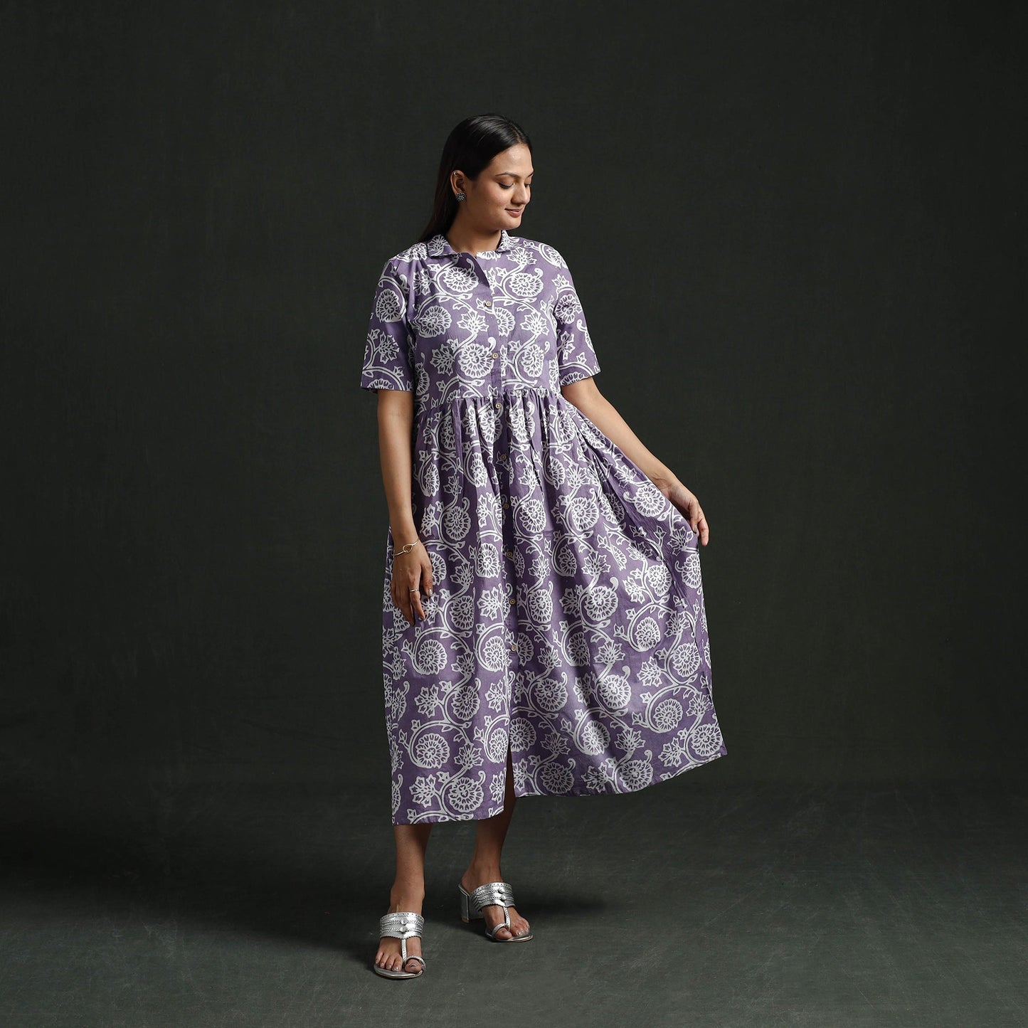 Collared neck buttoned down flared cotton hand block batik