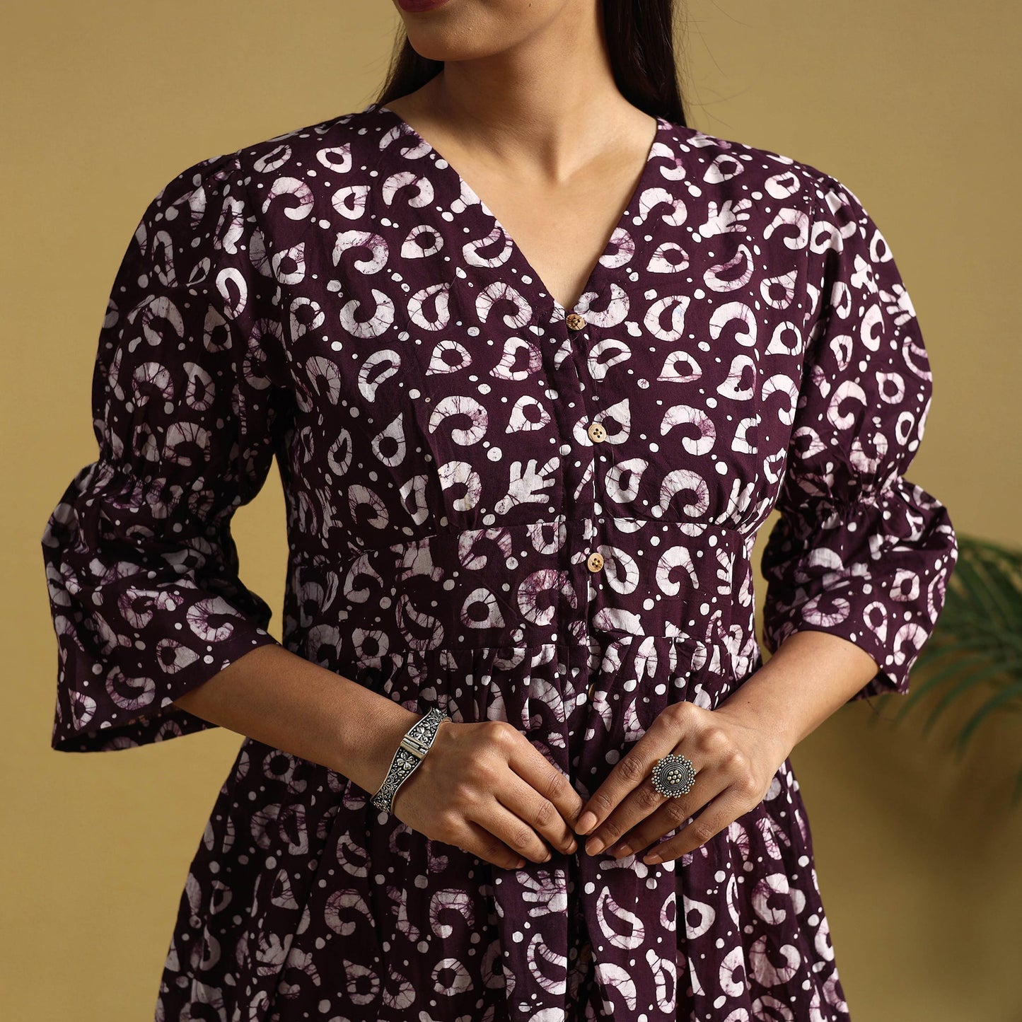 Purple Cotton Button Down Hand Batik Print Dress