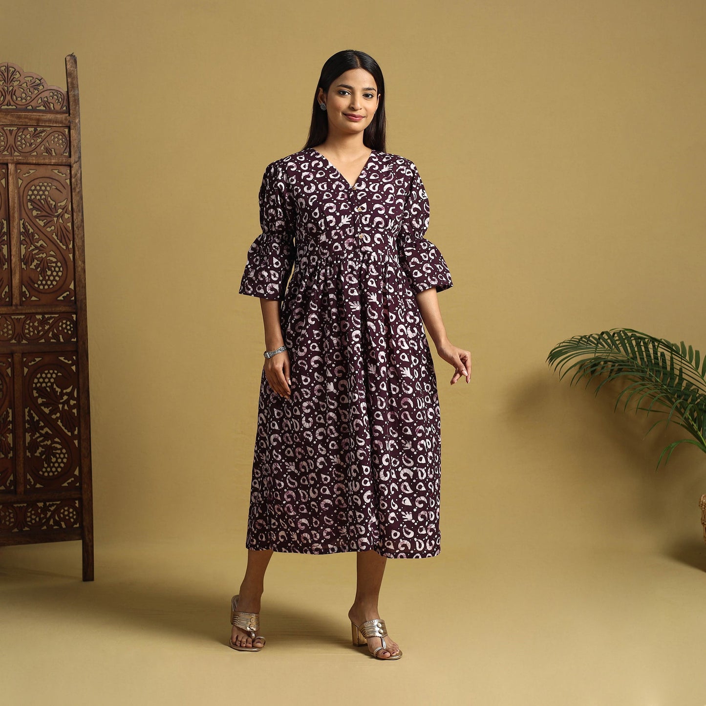 Purple Cotton Button Down Hand Batik Print Dress