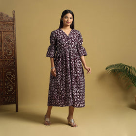 Purple Cotton Button Down Hand Batik Print Dress