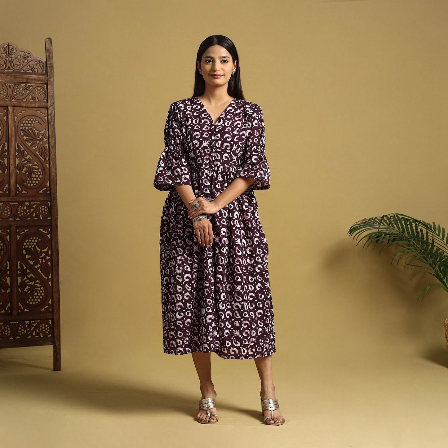 Purple Cotton Button Down Hand Batik Print Dress