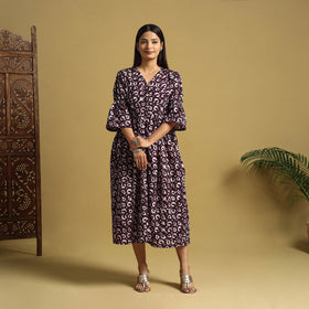 Purple Cotton Button Down Hand Batik Print Dress