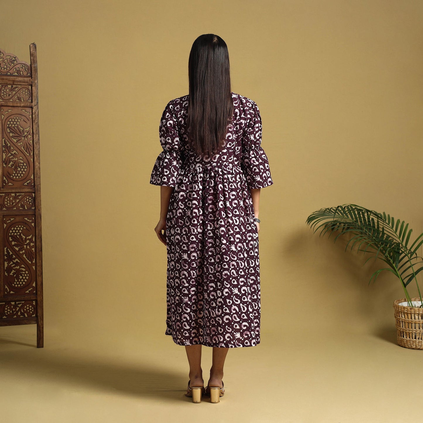 Purple Cotton Button Down Hand Batik Print Dress