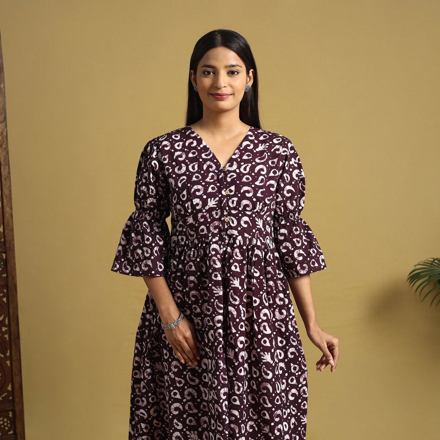 Purple Cotton Button Down Hand Batik Print Dress