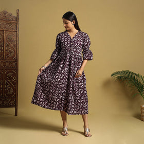 Purple Cotton Button Down Hand Batik Print Dress