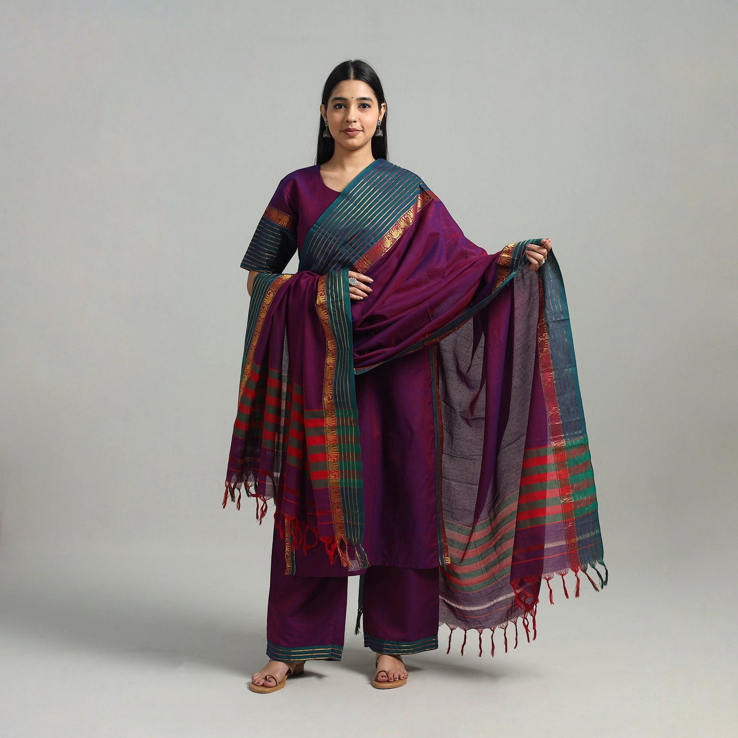 Buy Purple Cotton Dharwad Kurta Set with Palazzo & Dupatta
