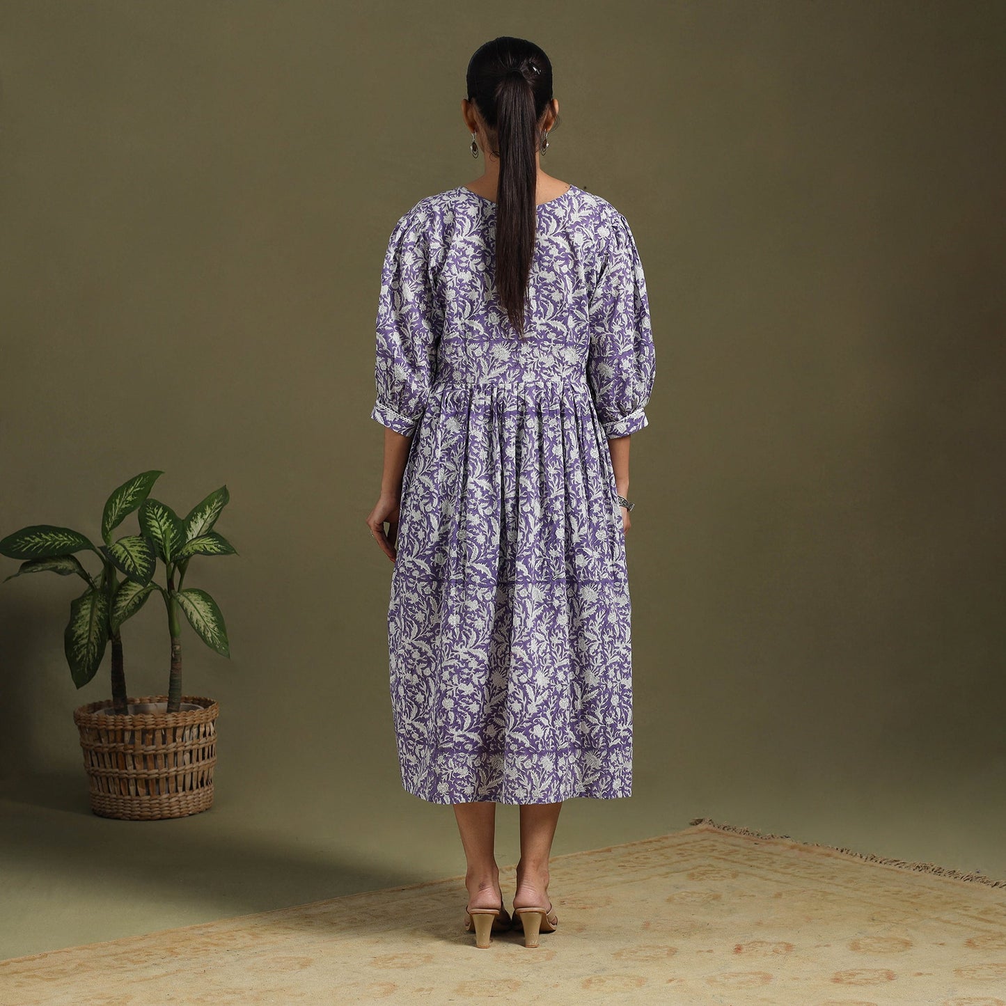 Purple Block Print Cotton Flared Sanganeri Dress