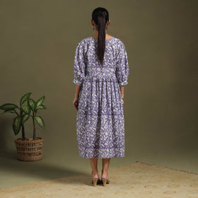 Purple Block Print Cotton Flared Sanganeri Dress