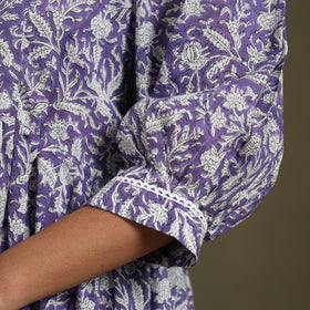 Purple Block Print Cotton Flared Sanganeri Dress