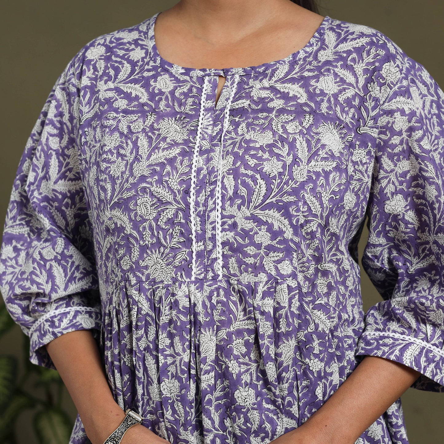 Purple Block Print Cotton Flared Sanganeri Dress