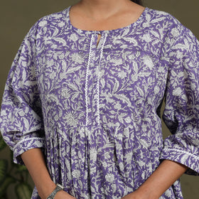 Purple Block Print Cotton Flared Sanganeri Dress