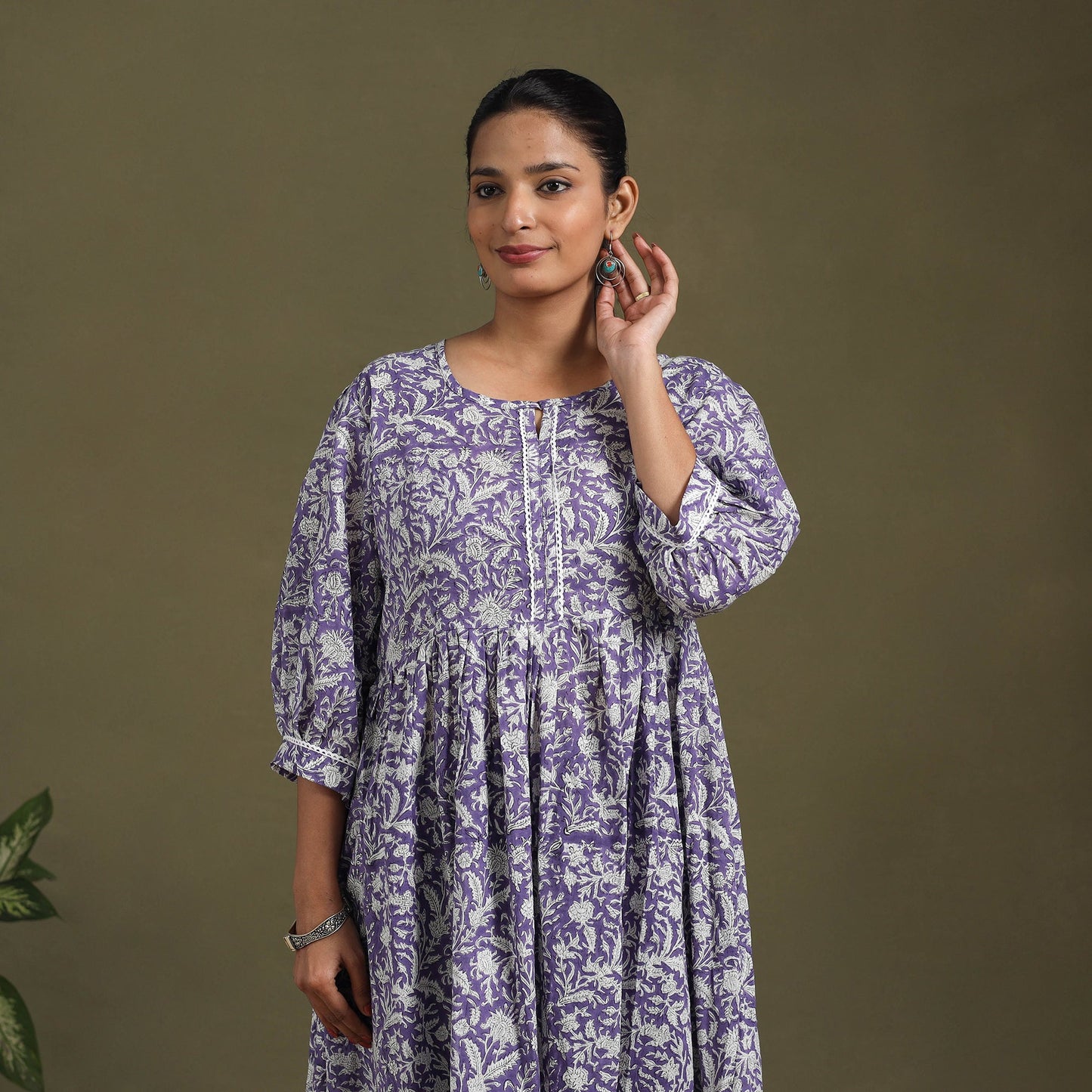 Purple Block Print Cotton Flared Sanganeri Dress