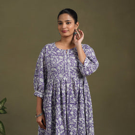Purple Block Print Cotton Flared Sanganeri Dress
