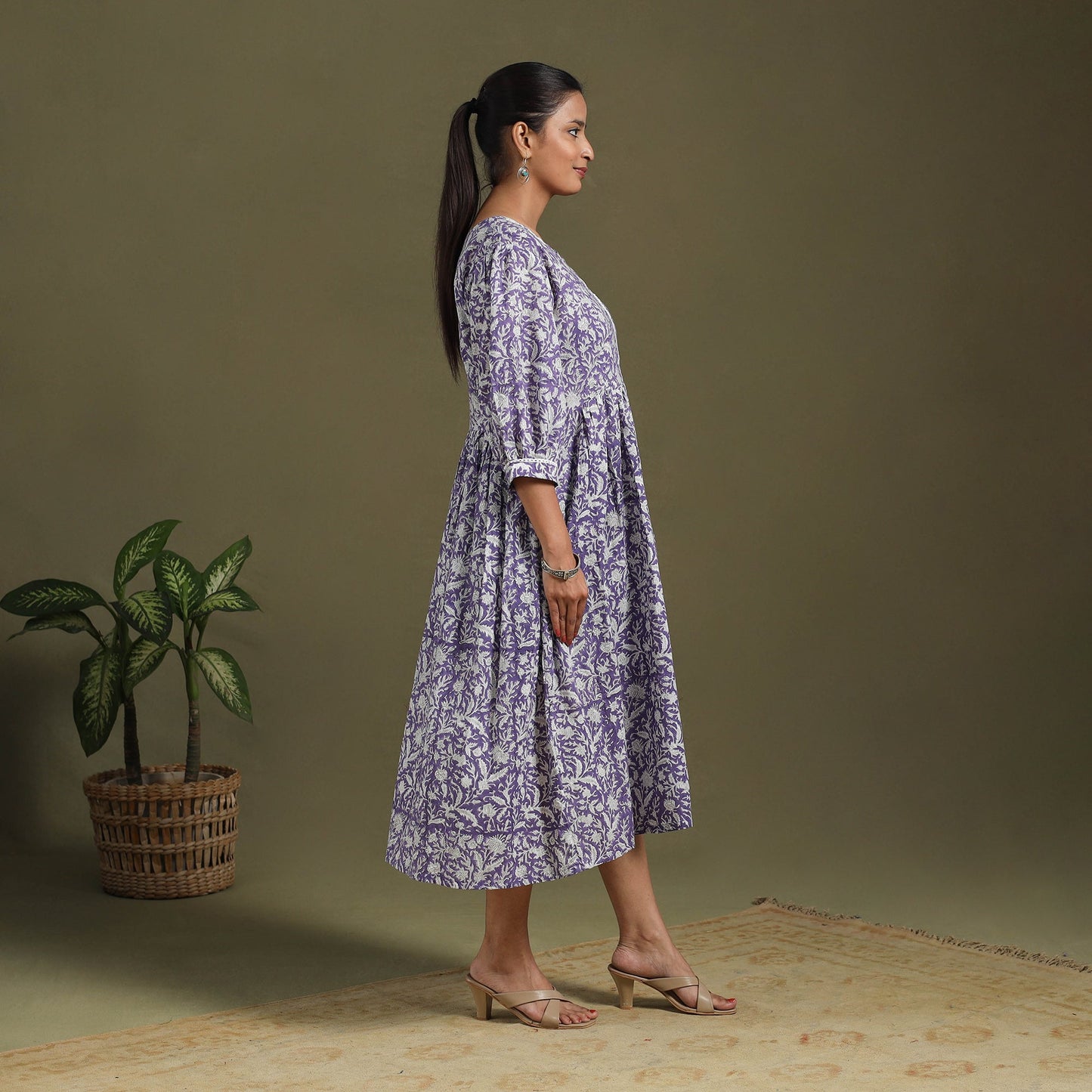 Purple Block Print Cotton Flared Sanganeri Dress