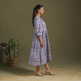 Purple Block Print Cotton Flared Sanganeri Dress
