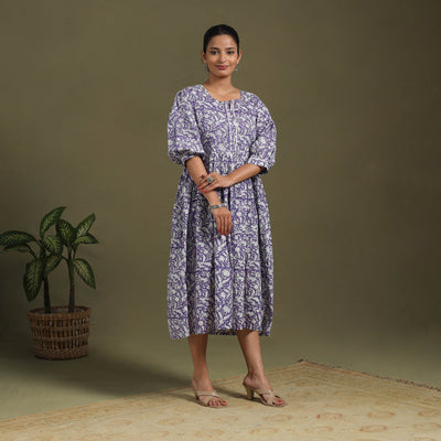 Purple Block Print Cotton Flared Sanganeri Dress