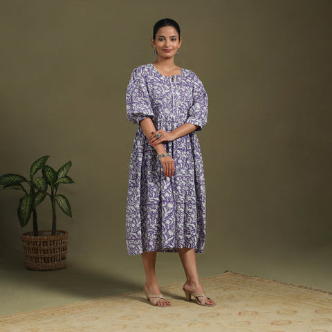 Purple Block Print Cotton Flared Sanganeri Dress