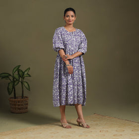 Purple Block Print Cotton Flared Sanganeri Dress